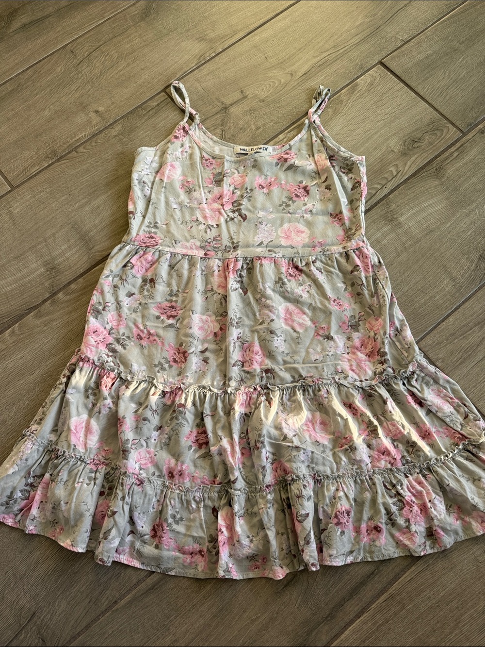 Wallflower Grey Dress with Pink Floral Print and Ruffle Tiers